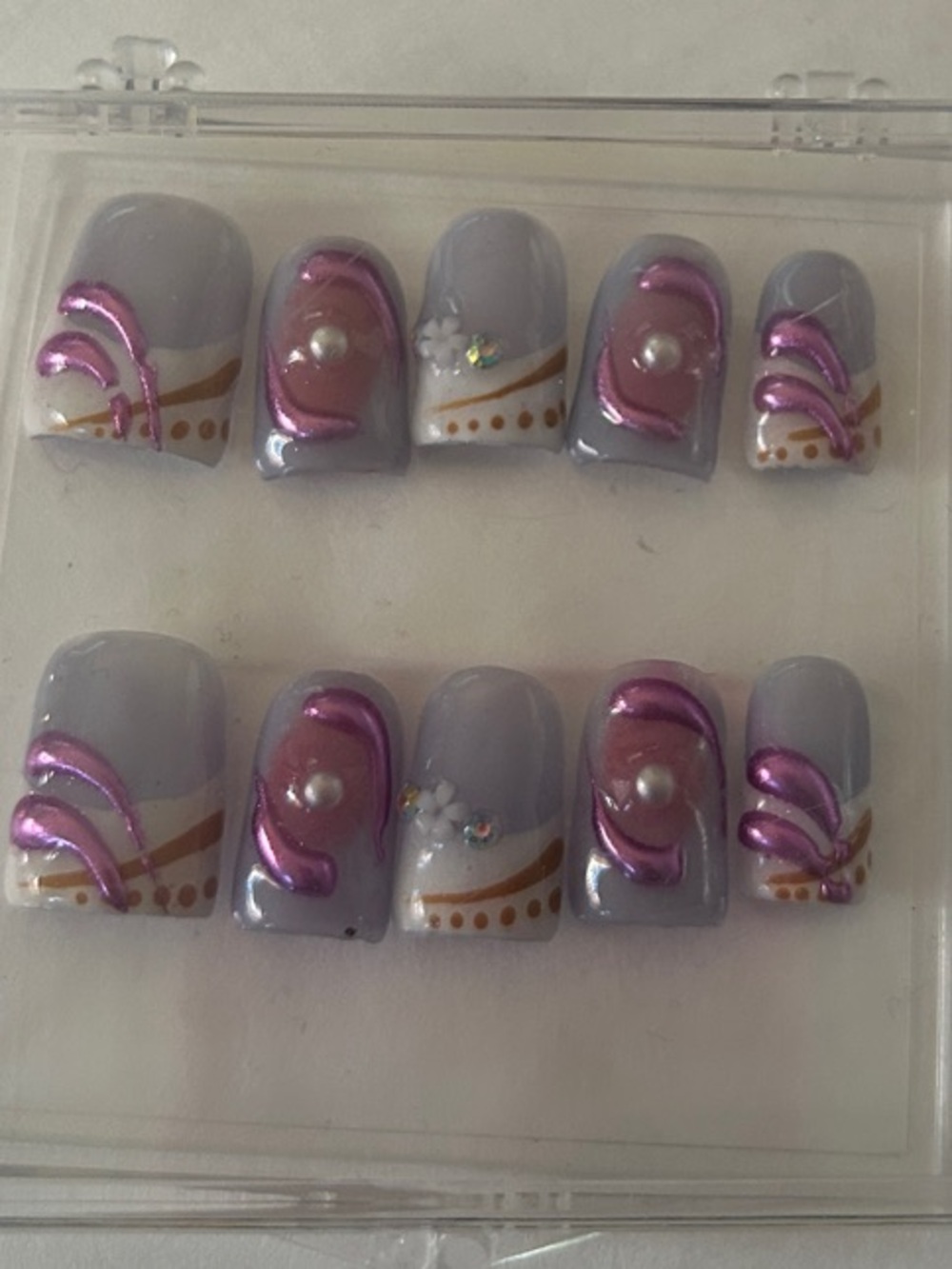 Purple Gradient Press-On Nails with Pink Metallic Swirls